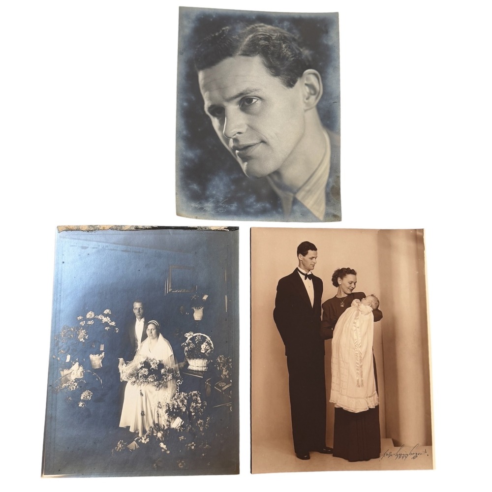 Vintage 1940s 1950s Wedding and Portrait Photos Lot of 3 B&W Sepia Ephemera 9x7"